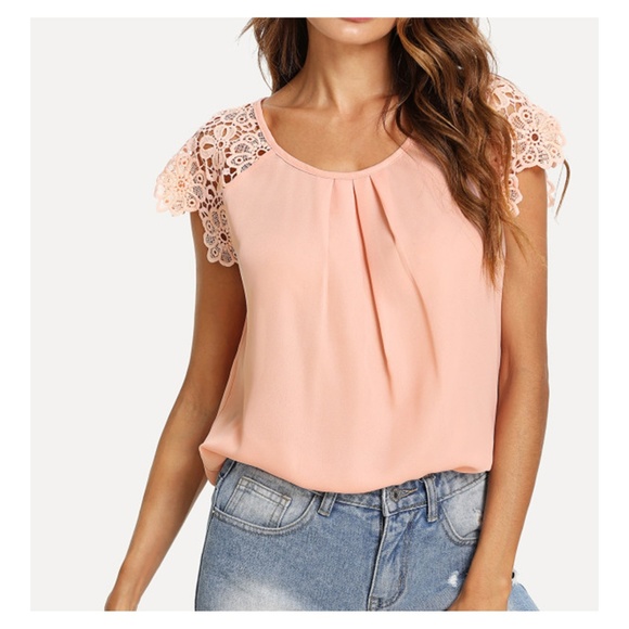 MBM Unlimited Tops - Pink Short Sleeve Floral Lace Blouse Top